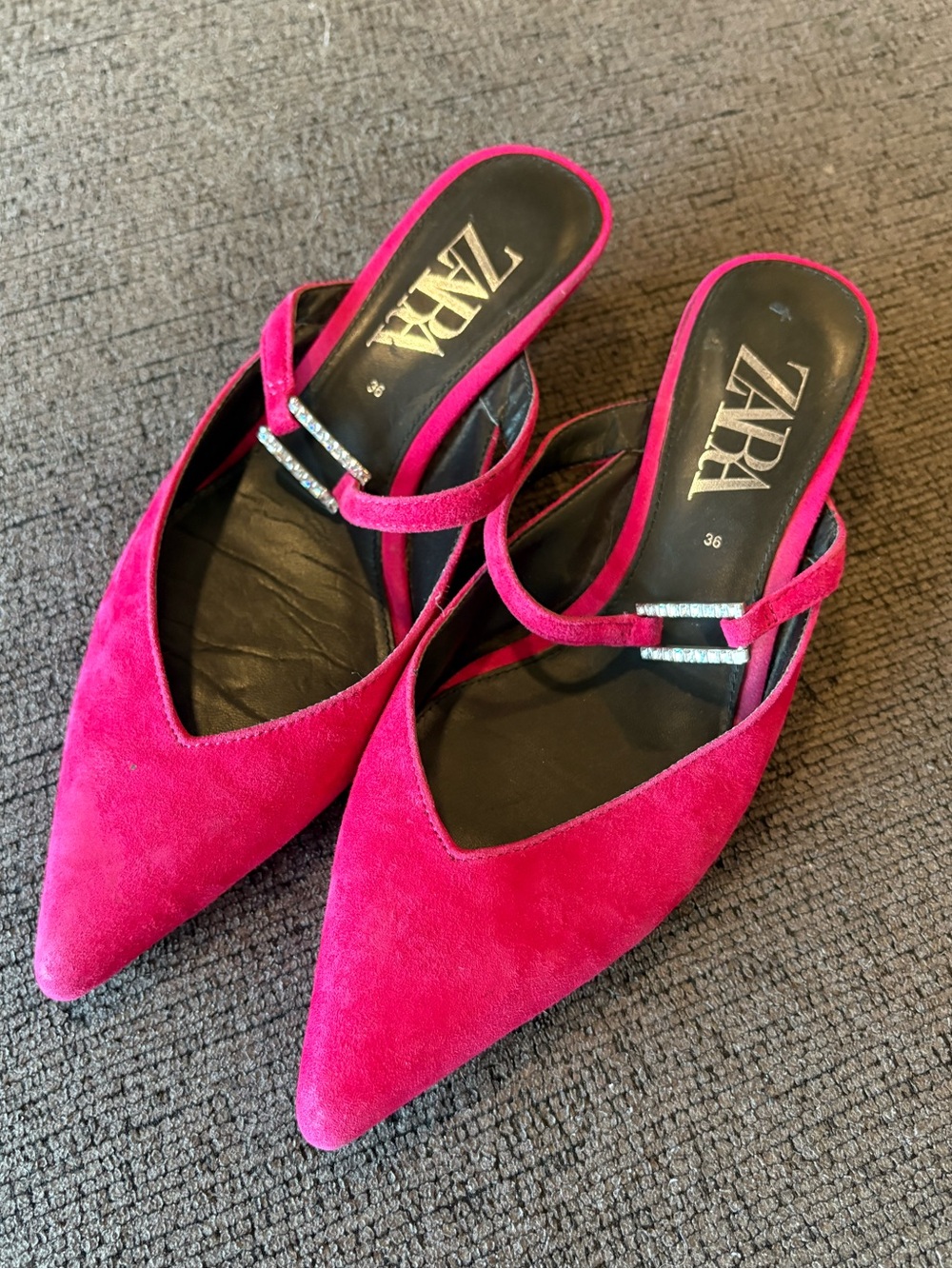 Zara | Fuchsia Suede Pointed Toe Mules with Rhinestone Strap SZ 36